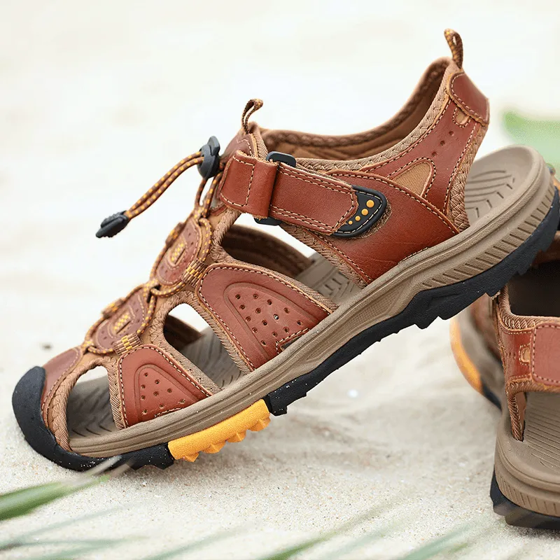 kkboxly kkboxly Men Cowhide Leather Non Slip Closed Toe Beach Casual Outdoor Sandals