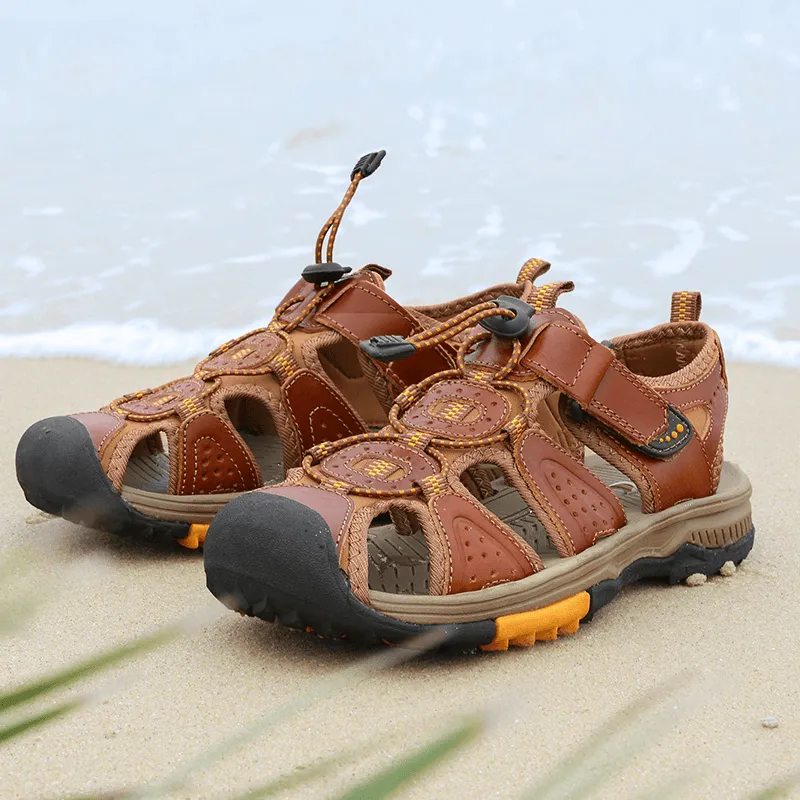 kkboxly kkboxly Men Cowhide Leather Non Slip Closed Toe Beach Casual Outdoor Sandals