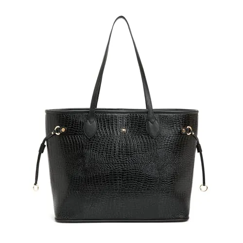 KLEIO Vegan Leather Croco Embossed Carry It All Tote Shopping Bag for Women (Black)