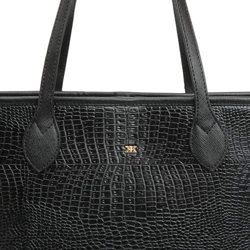 KLEIO Vegan Leather Croco Embossed Carry It All Tote Shopping Bag for Women (Black)