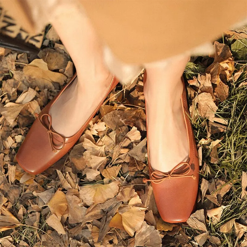 Leather Ballet Flats with Bow For Women in Black/Brown/Apricot