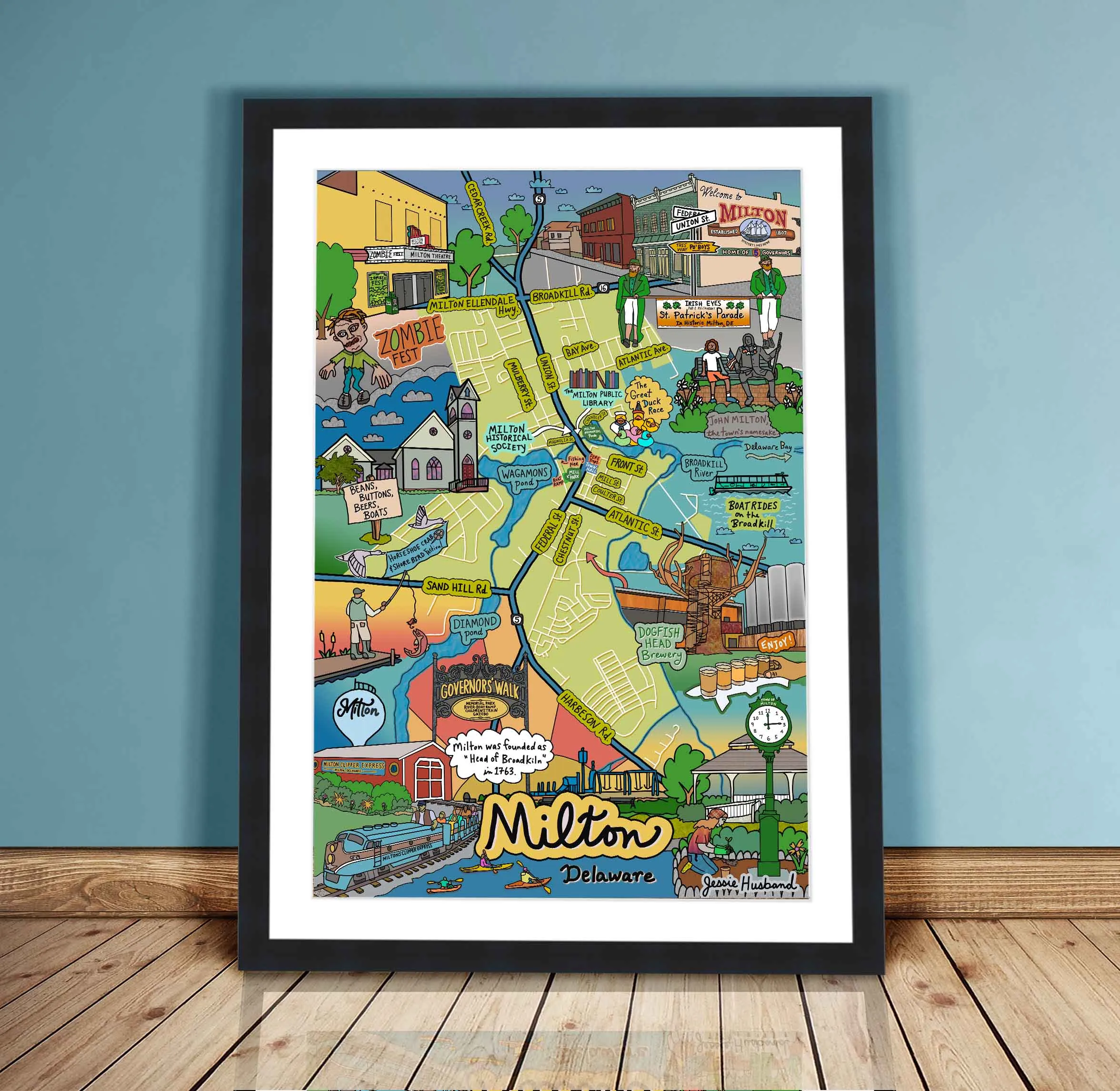 Map of Milton, Delaware (customization and framing options available)