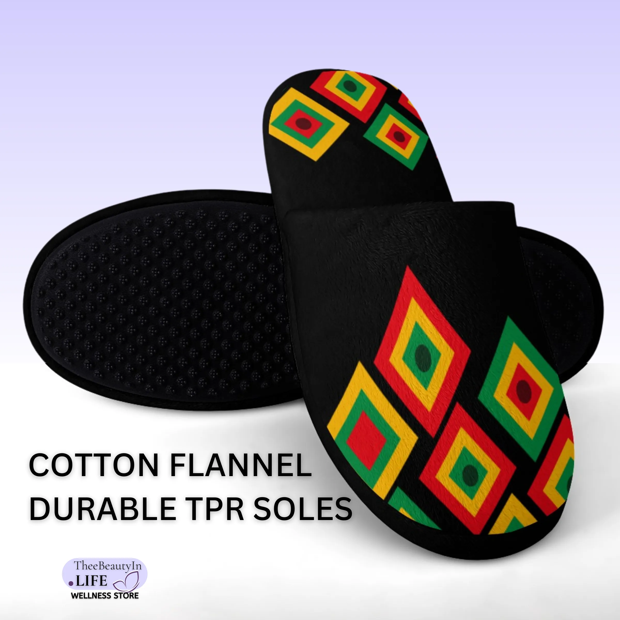 Memory Foam Slippers - Black History | Indoor Shoes for Women | Juneteenth Celebration Aesthetic House Shoes | Bedroom Shoes with Red, Green, and Gold | Cute Slippers with Abstract Diamond Pattern