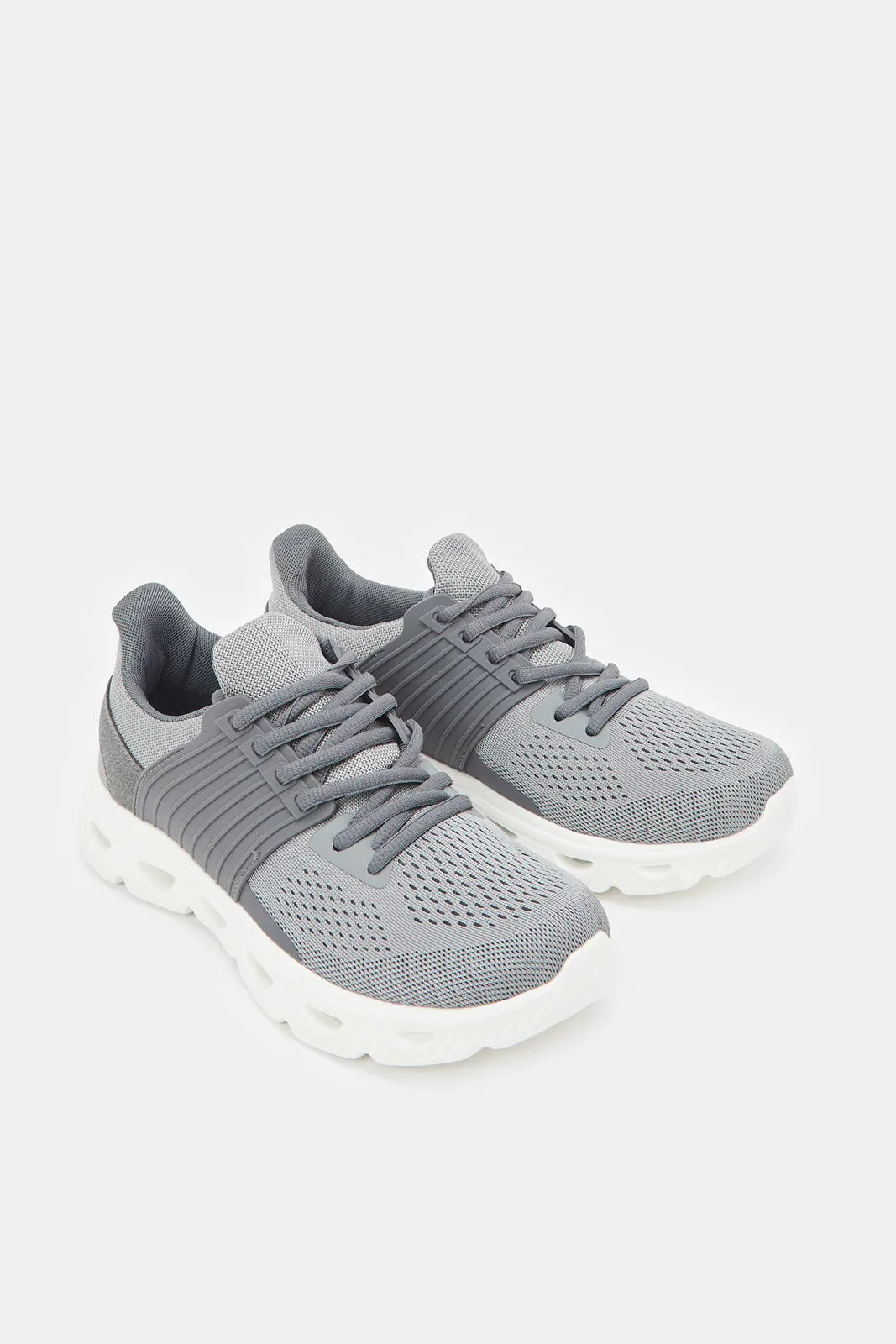 Men Grey Material Overlay Knit Sneaker