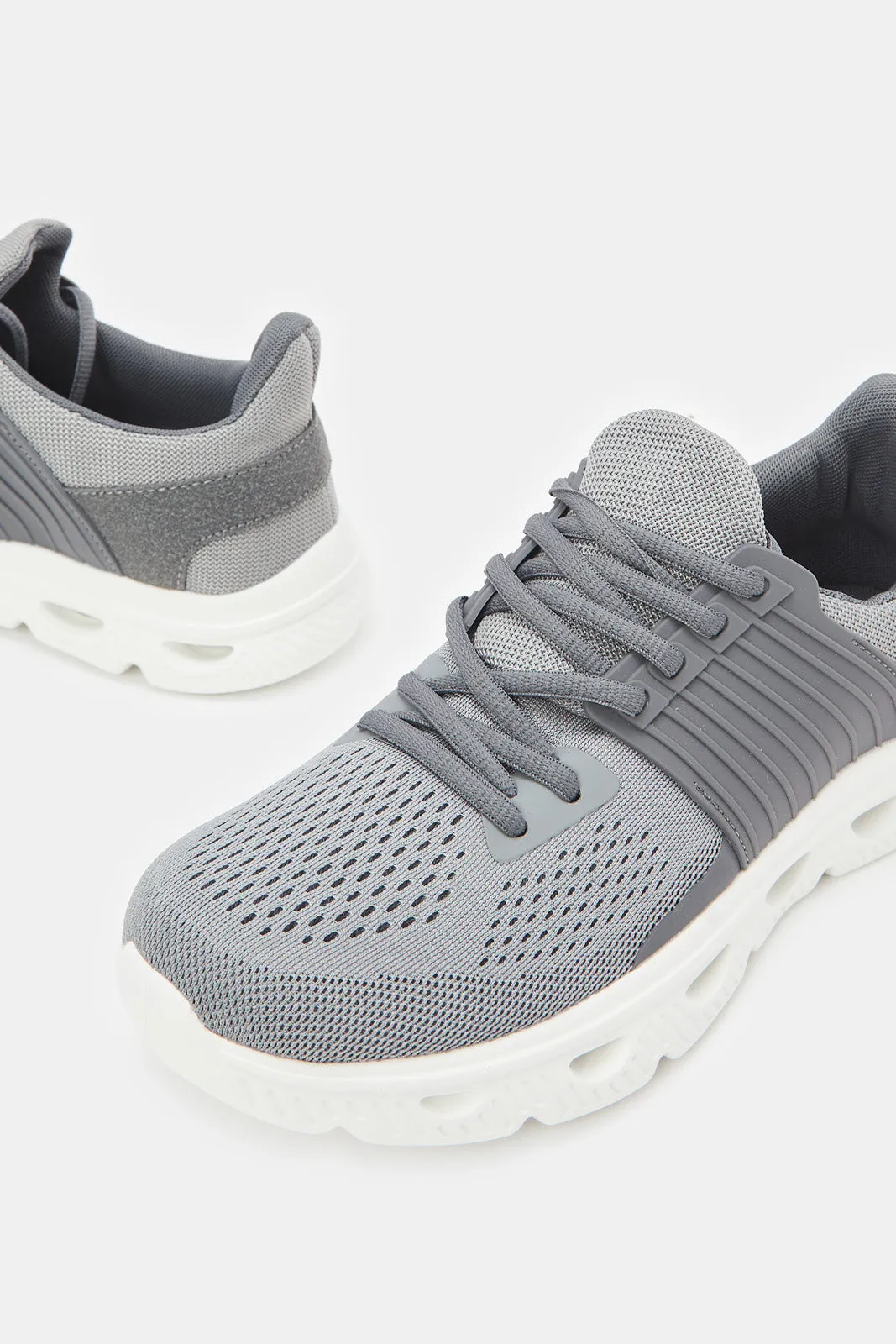 Men Grey Material Overlay Knit Sneaker