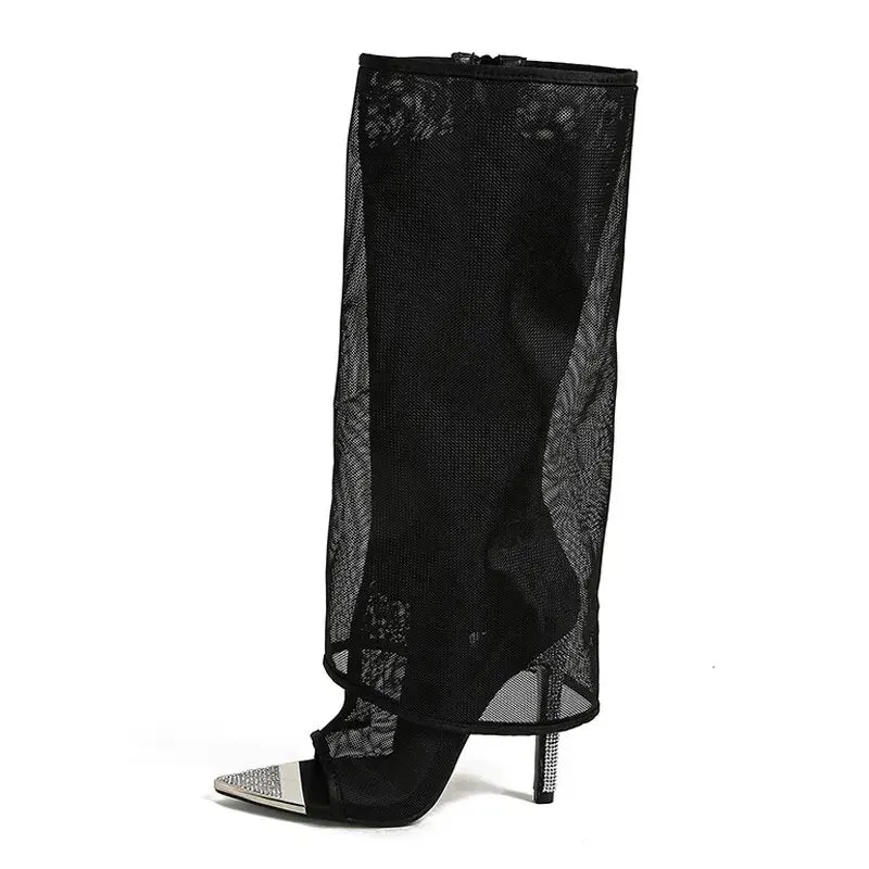 Mesh Layered Open-Toe Boots