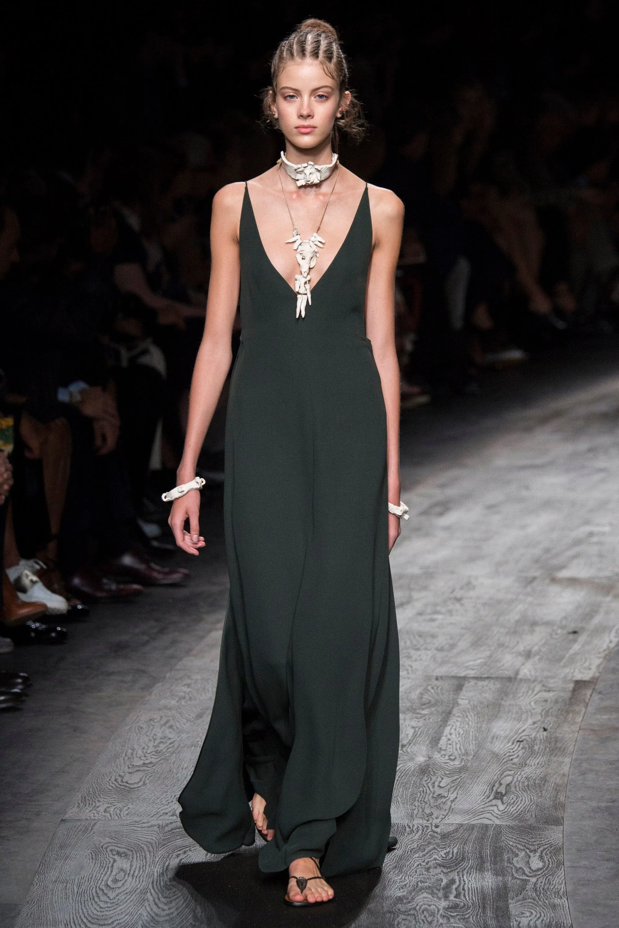 Minimalist Spring 2016 Valentino Runway Hunter Green Silk Dress w Plunging Front & Caped Back