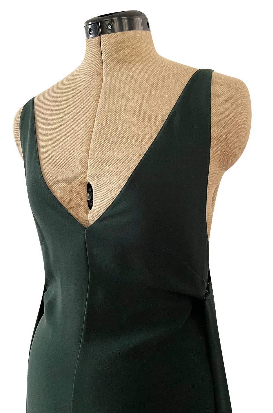 Minimalist Spring 2016 Valentino Runway Hunter Green Silk Dress w Plunging Front & Caped Back