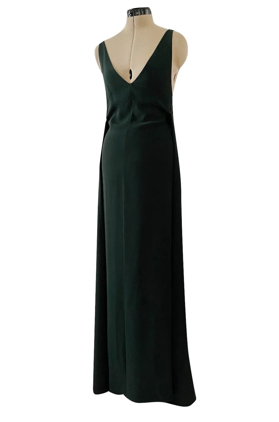 Minimalist Spring 2016 Valentino Runway Hunter Green Silk Dress w Plunging Front & Caped Back