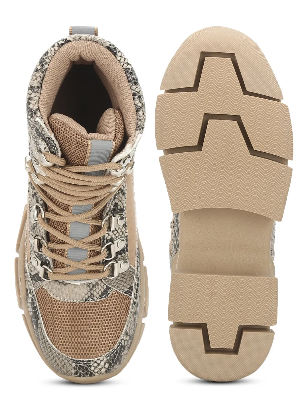 Natural Snake Heeled Lace-Up Sneakers