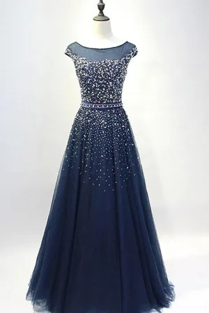 Navy Blue Round Neck Tulle Sequins Full Length Prom Dresses  PSK101