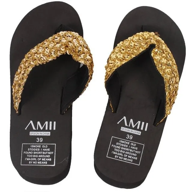 New Ladies Womens Girls Sequin Flatform Wedge Flip Flops Shoes Beach Sandals Comfortable black