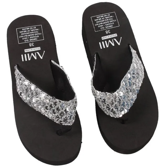 New Ladies Womens Girls Sequin Flatform Wedge Flip Flops Shoes Beach Sandals Comfortable black