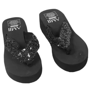 New Ladies Womens Girls Sequin Flatform Wedge Flip Flops Shoes Beach Sandals Comfortable black