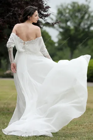 Off-shoulder Flowy Chiffon A-line Beach Wedding Dress