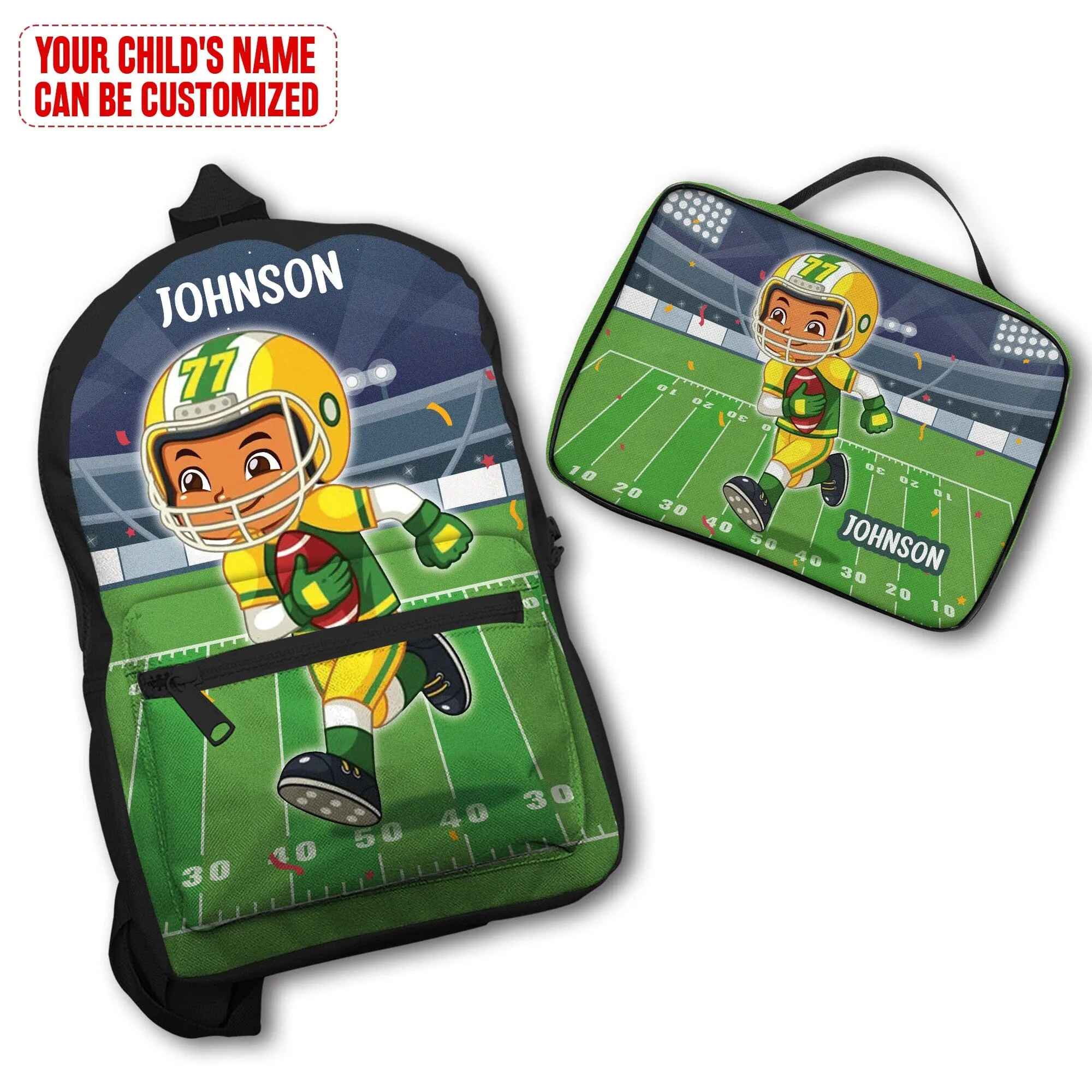 Personalized Little Afro American Football Player Kid Backpack And Lunch Bag Set