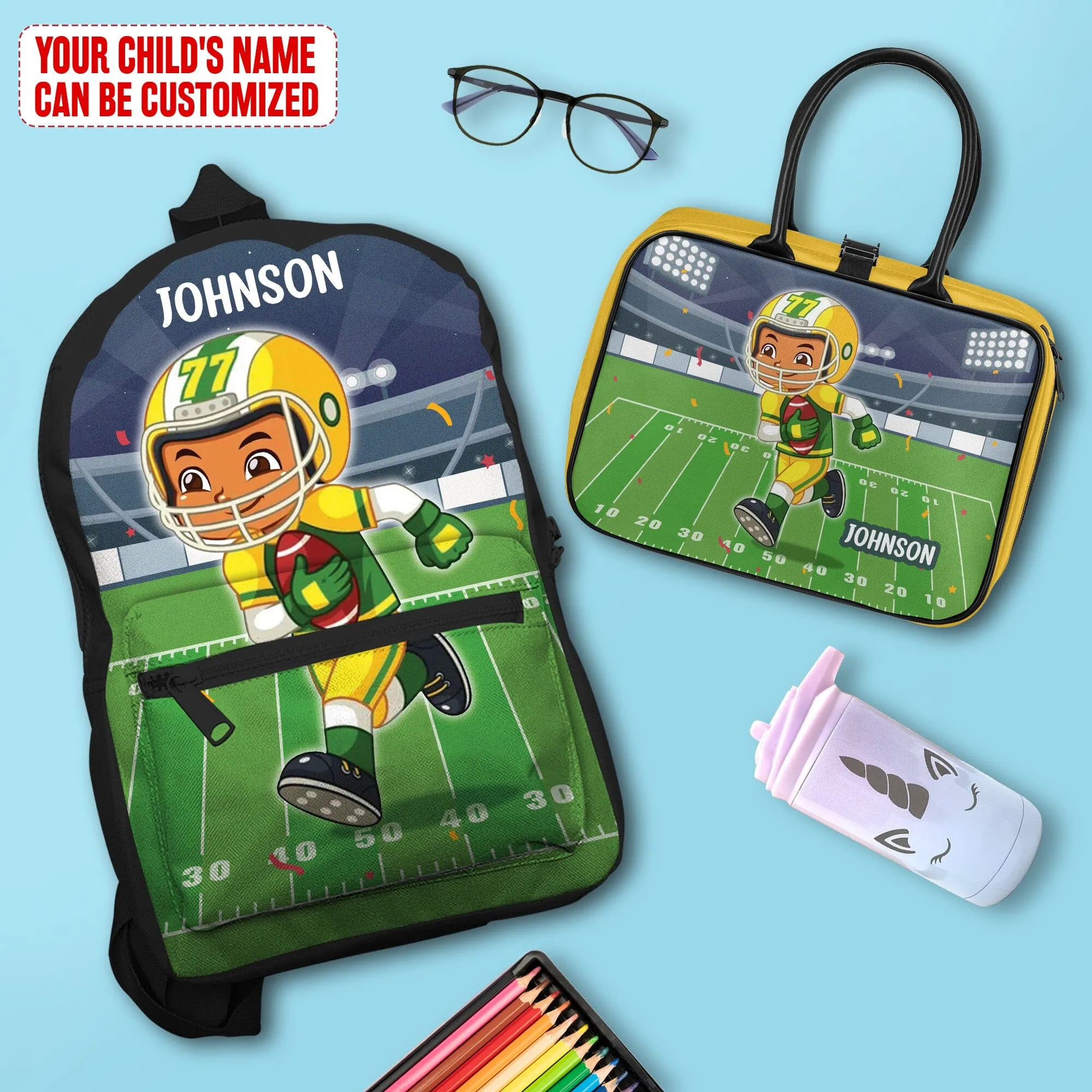 Personalized Little Afro American Football Player Kid Backpack And Lunch Bag Set