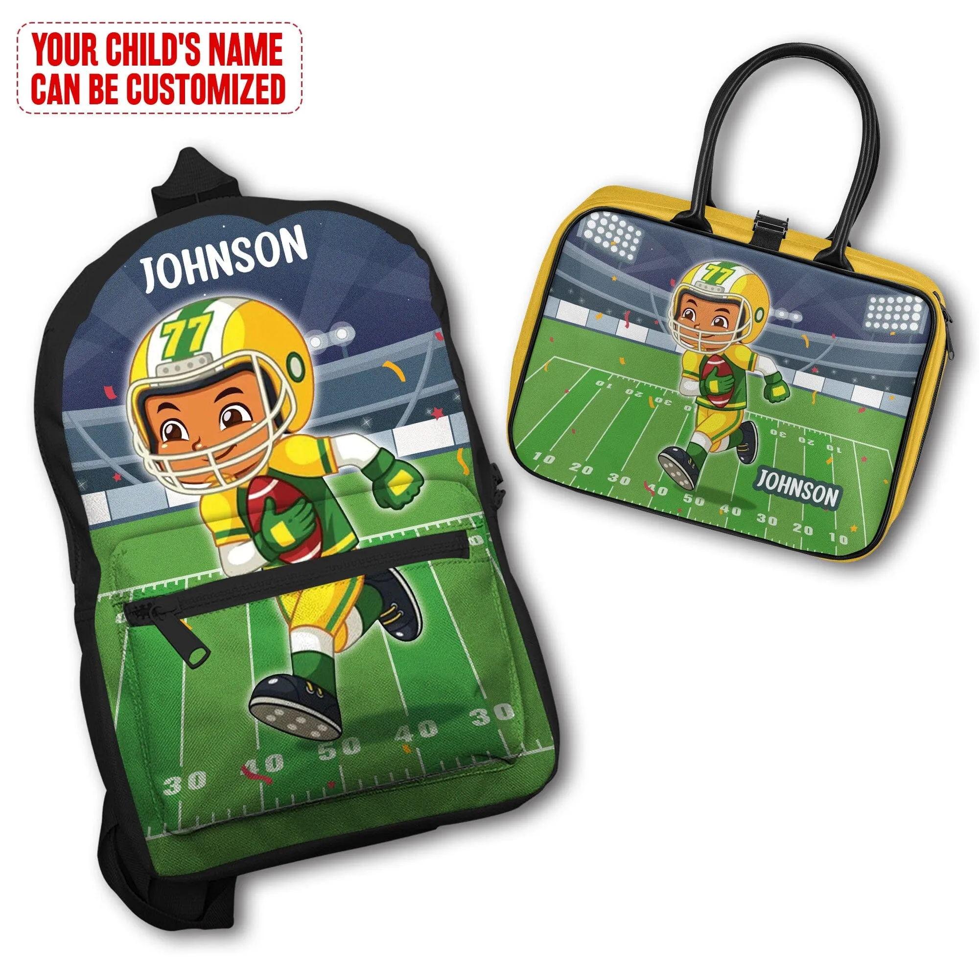 Personalized Little Afro American Football Player Kid Backpack And Lunch Bag Set