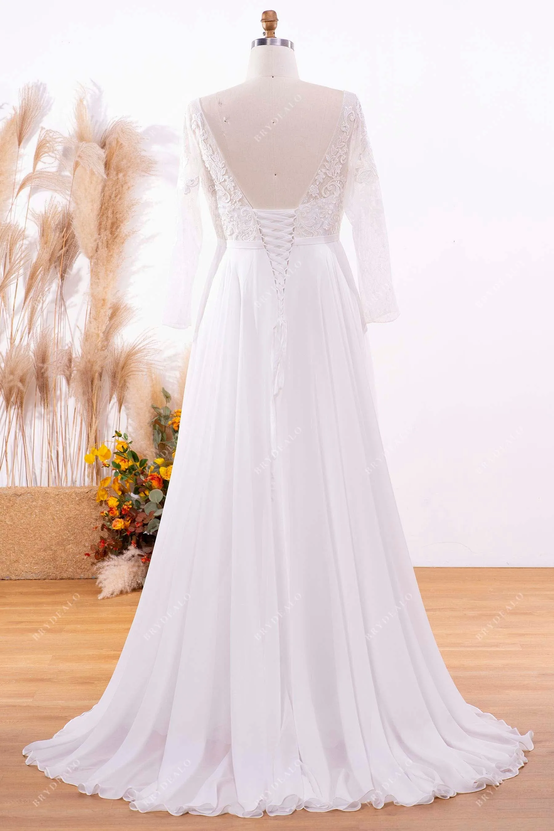 Plus Size Sheer Sleeves Beach Lace Chiffon Outdoor Bridal Gown