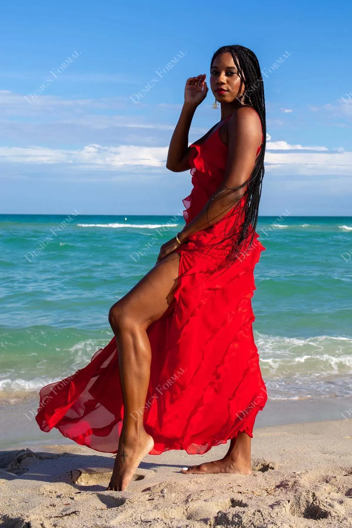 Red Chiffon Spaghetti Straps Ruffled Ankle Length Custom Dress