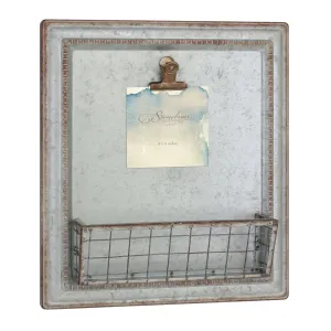 Rustic Galvanized Metal Magnetic Memo Board for Wall with Clip and Wire Basket (WS)