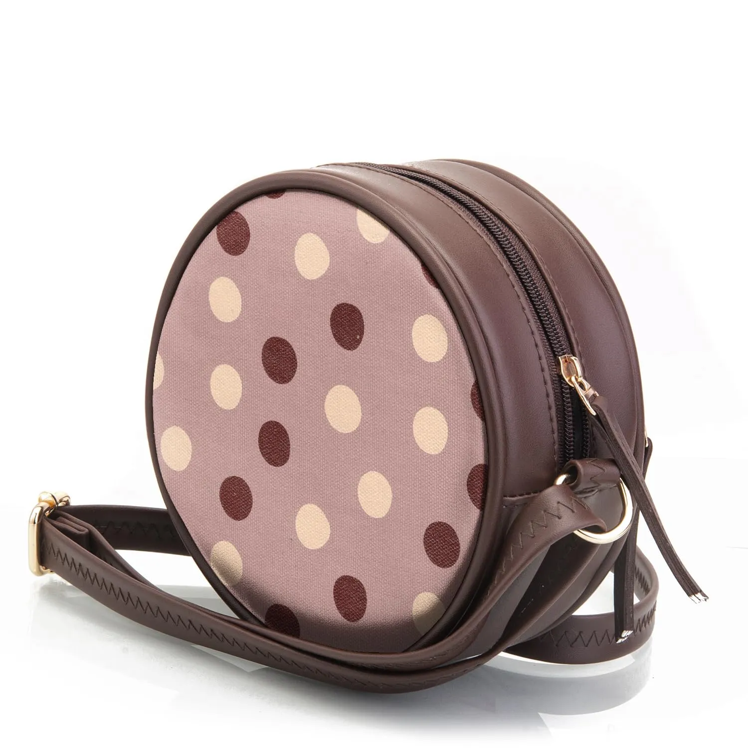 SACCI MUCCI Round Sling Bag, Printed Sling Bag For Girls, Women Sling Bag, Crossbody Bag For Women, gifts for women/Girls, Gift for her - Cute Polka (Brown)