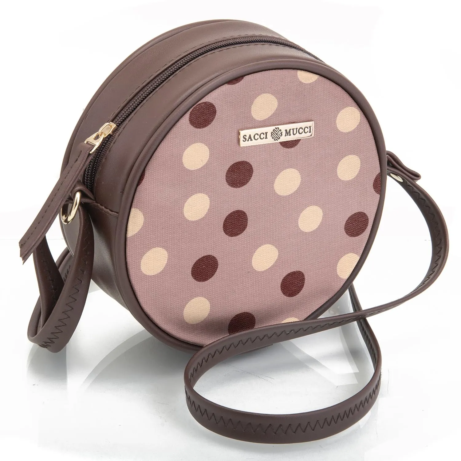 SACCI MUCCI Round Sling Bag, Printed Sling Bag For Girls, Women Sling Bag, Crossbody Bag For Women, gifts for women/Girls, Gift for her - Cute Polka (Brown)