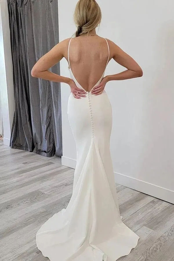 Satin Mermaid Open Back Beach Wedding Dresses Simple Bridal Gowns  WD654