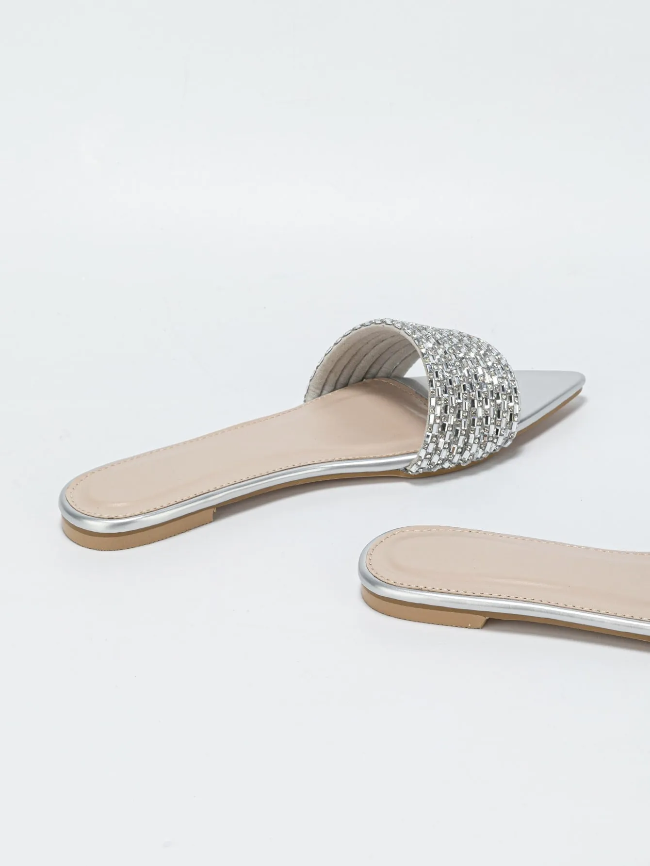 Suedette Rhinestone Slide Flat Sandals