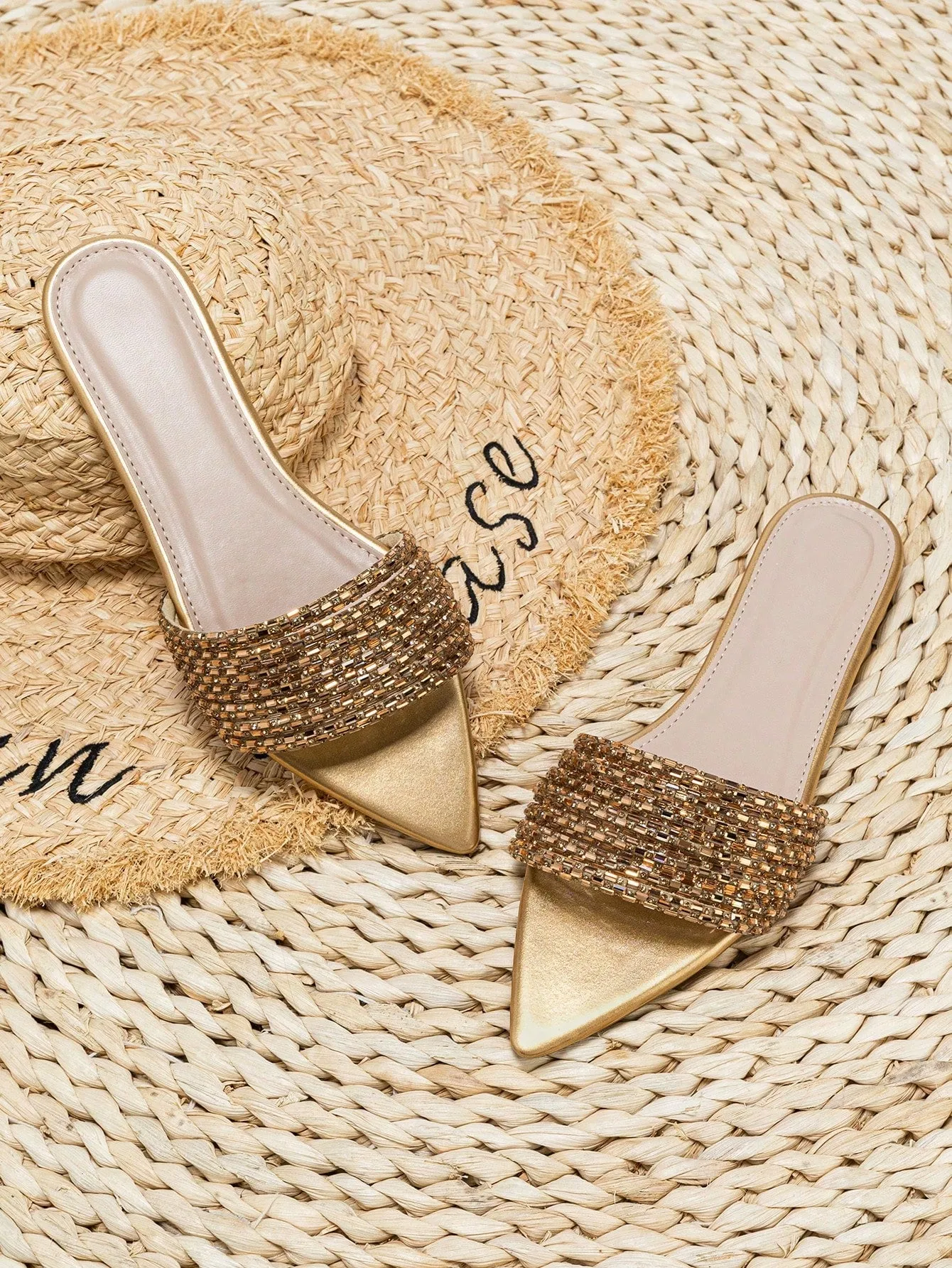 Suedette Rhinestone Slide Flat Sandals