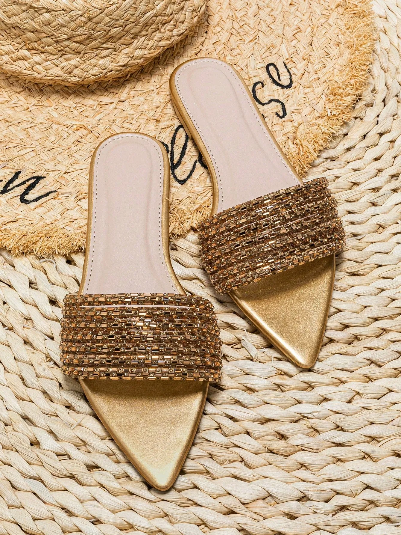 Suedette Rhinestone Slide Flat Sandals