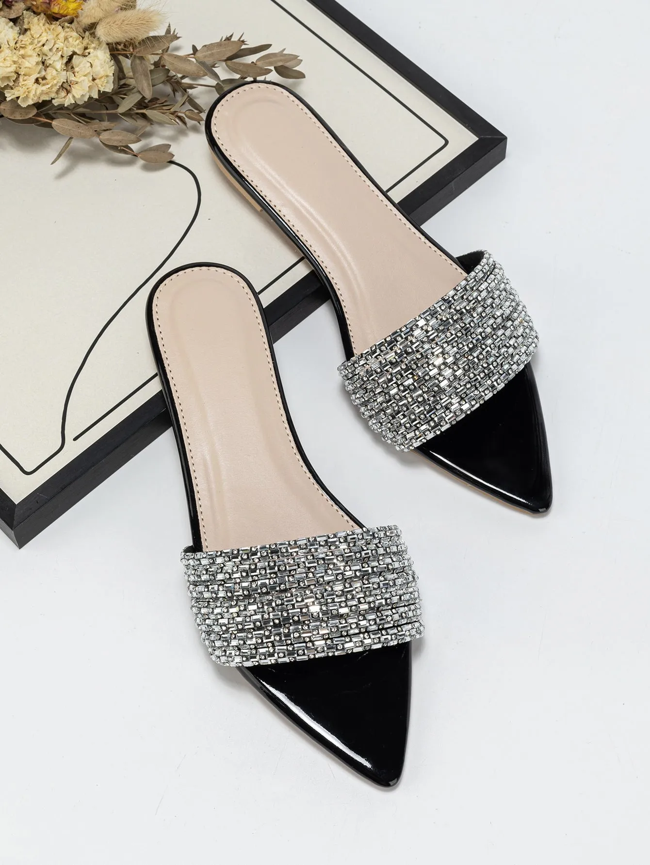 Suedette Rhinestone Slide Flat Sandals