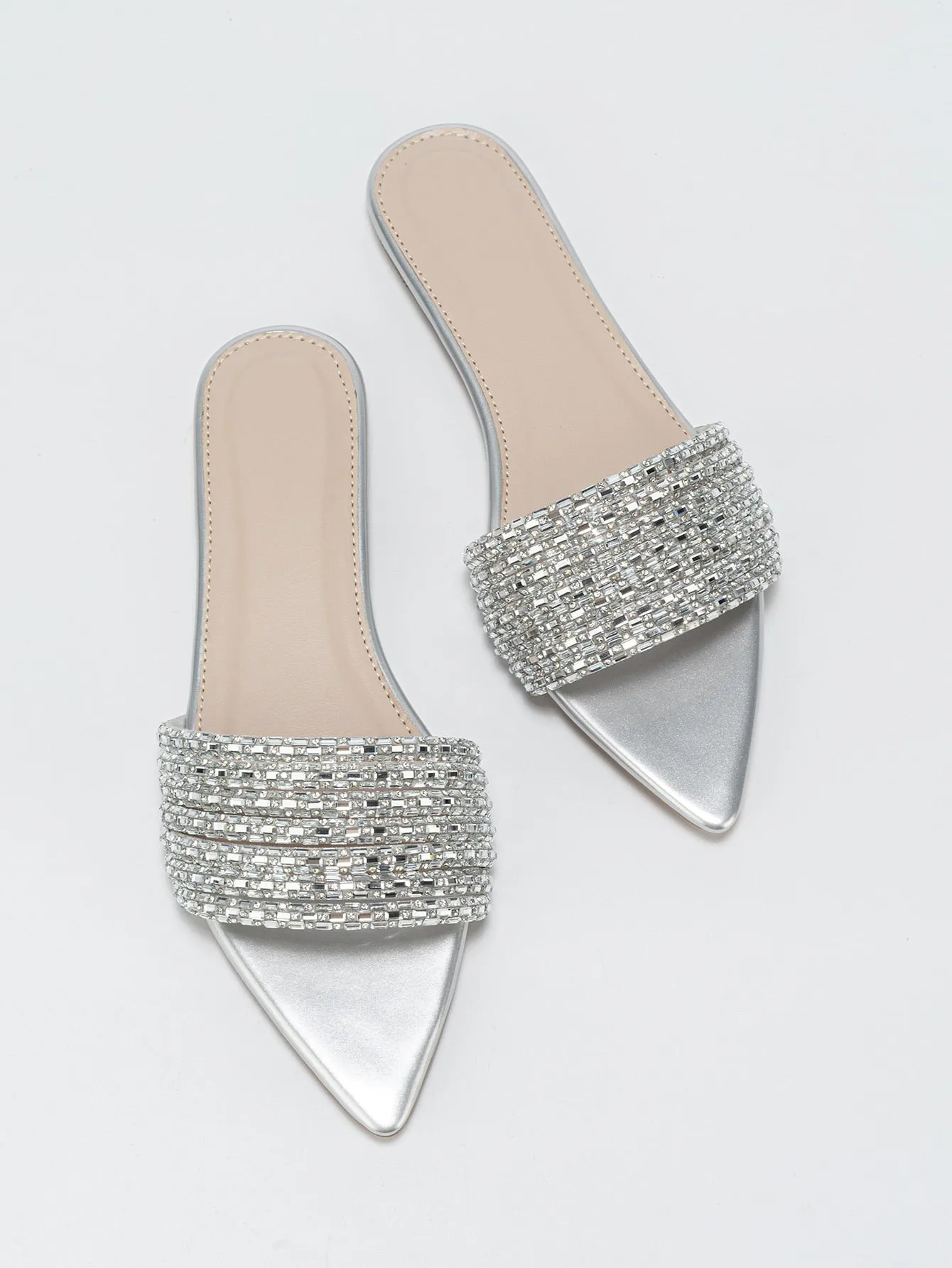 Suedette Rhinestone Slide Flat Sandals