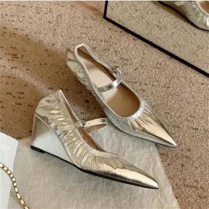 TAVIMART  -  Metal Colors Zapatos Mujer 2024 Tendencia Pleated Shoes For Woman Wedges Heels Heeled Soft Leather Sandals Tacones Metal Buckle