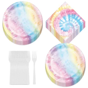 Tie Dye Swirl Paper Dessert Plates, Beverage Napkins, and Forks - Beach Bum, 60's Decades, and Hippie Theme Party Supplies (Serves 16)