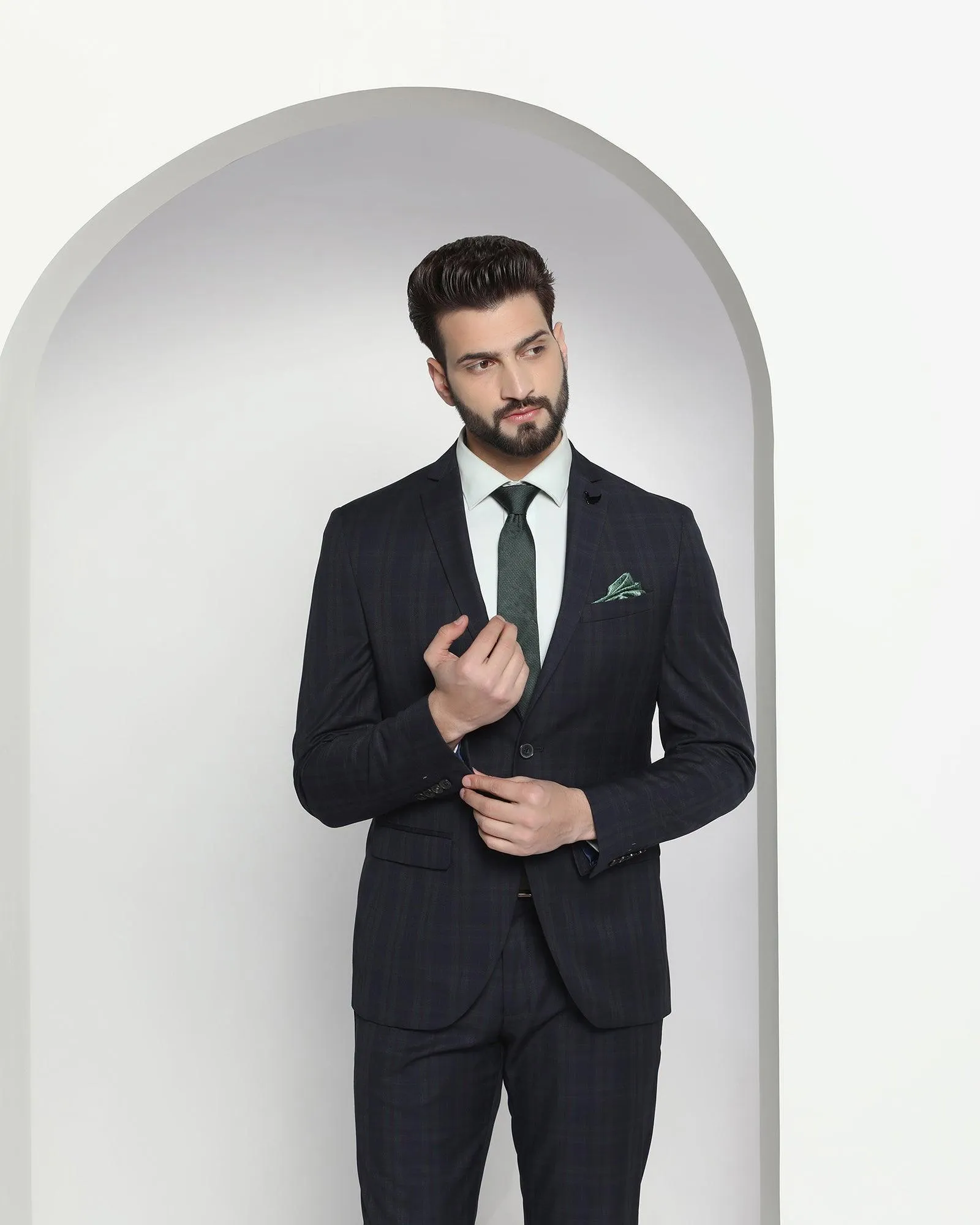 Two Piece Navy Check Formal Suit - Nodor