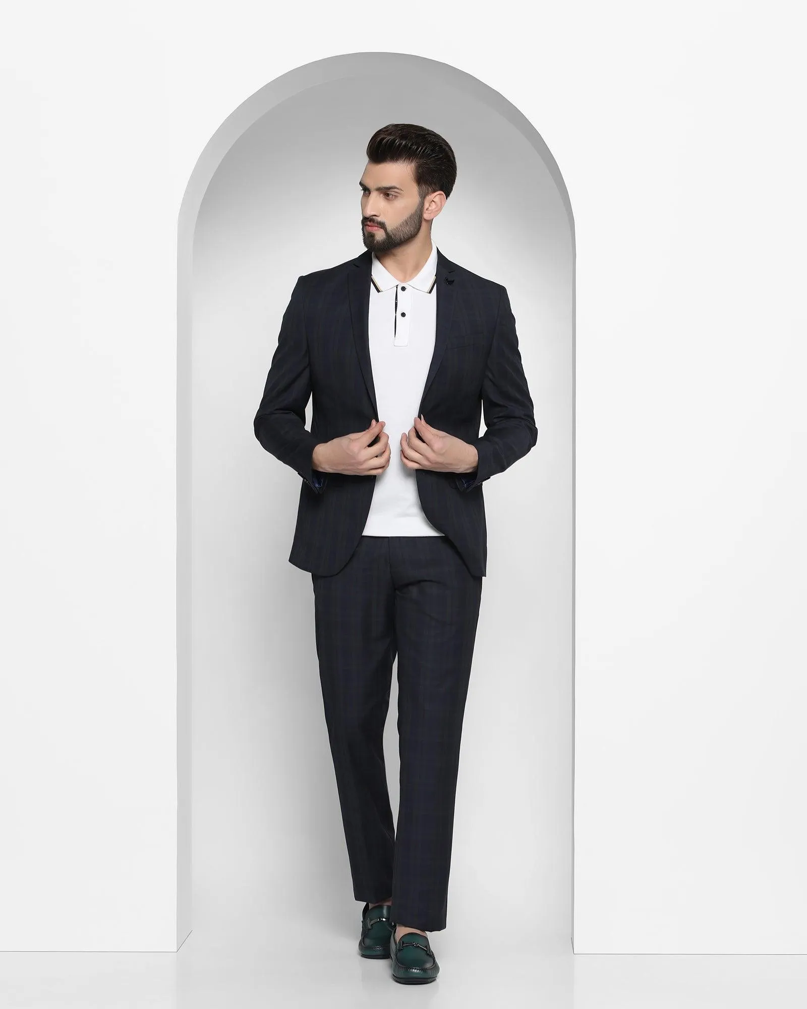 Two Piece Navy Check Formal Suit - Nodor