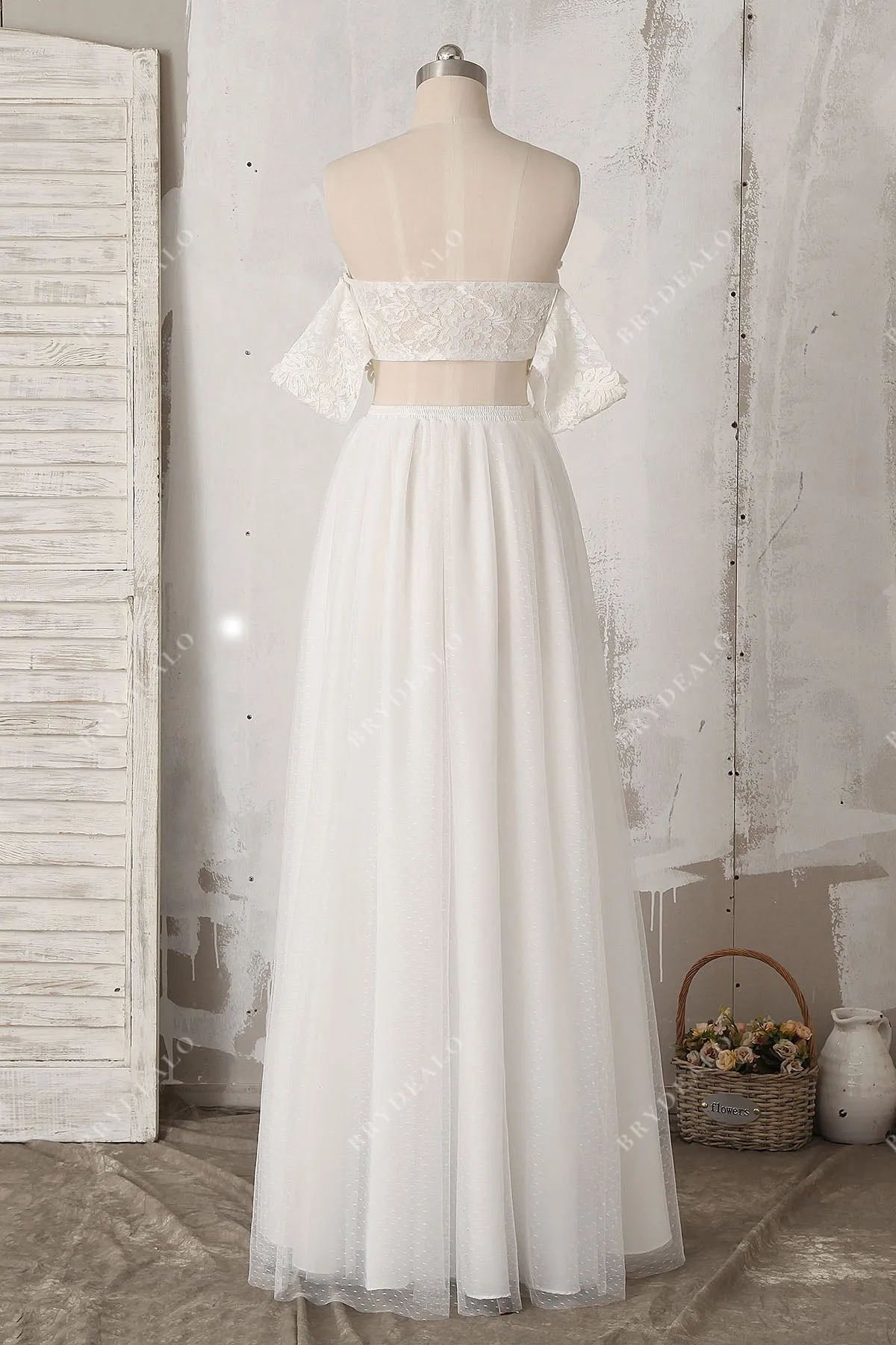 Two-piece Off-shoulder Lace Tulle A-line Summer Beach Wedding Dress