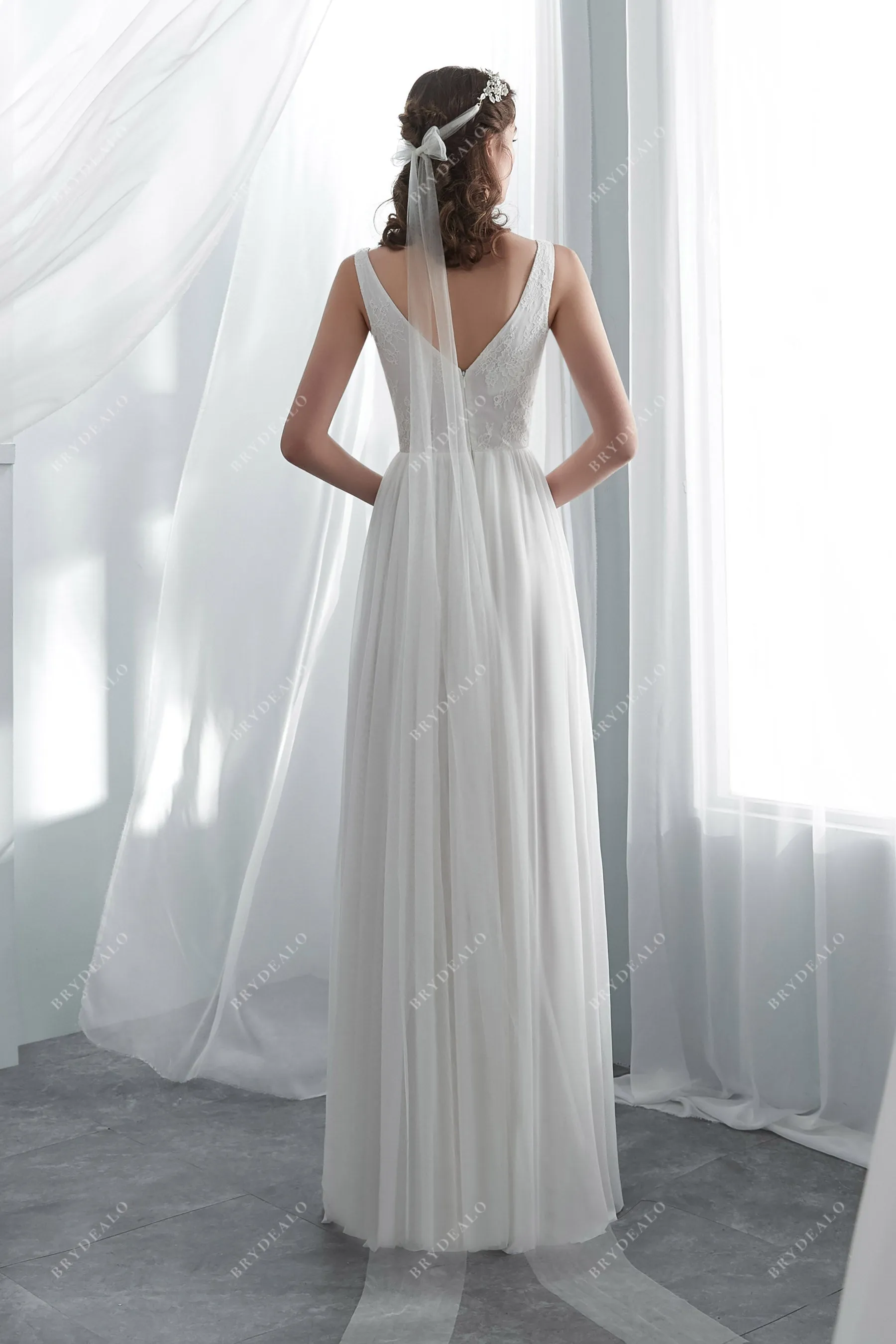 V-neck Lace Draping Floor Length Spring Summer Wedding Dress