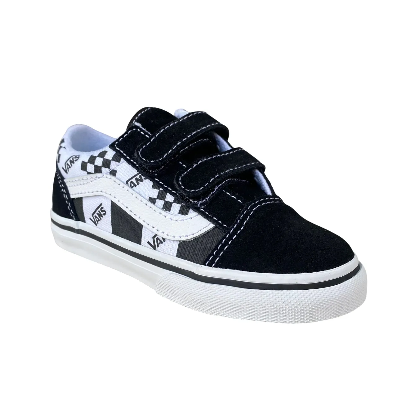 Vans scarpa sneakers da bambino con strappo Old Skool V VN0009RC6BT1 logo e quadratini nero-bianco