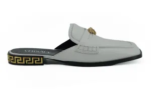 Versace Elegant Gray Leather Flat Slides