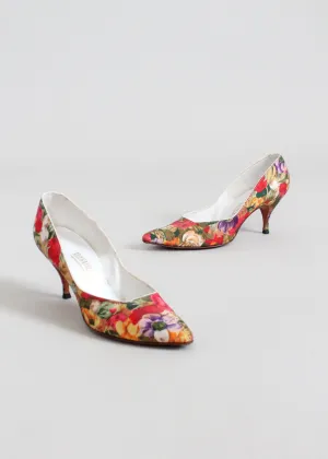 Vintage 1960s Floral Garden Kitten Heel Pumps Size 7