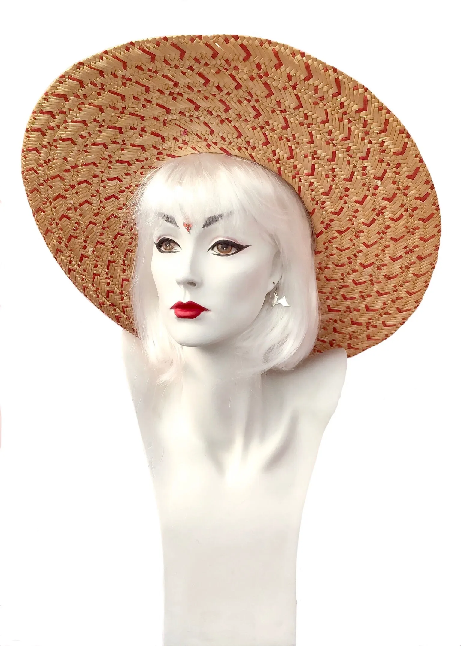 Vintage Wide Brim Woven Red & Natural Straw Hat • Sun Hat