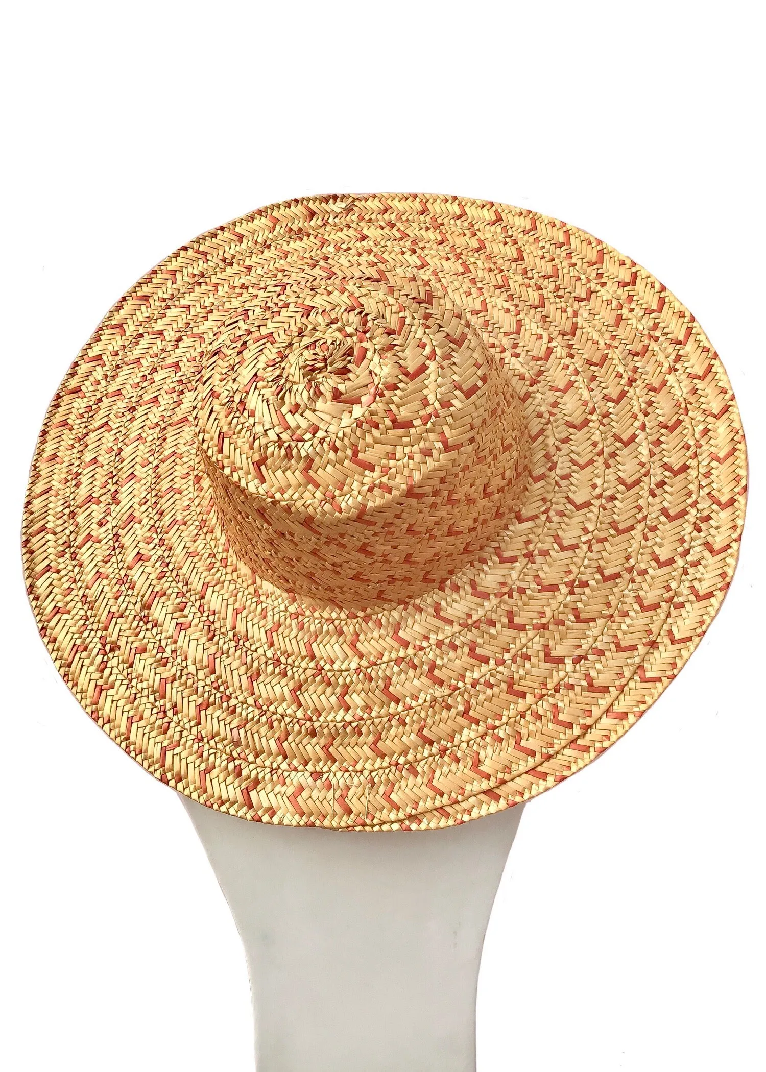 Vintage Wide Brim Woven Red & Natural Straw Hat • Sun Hat