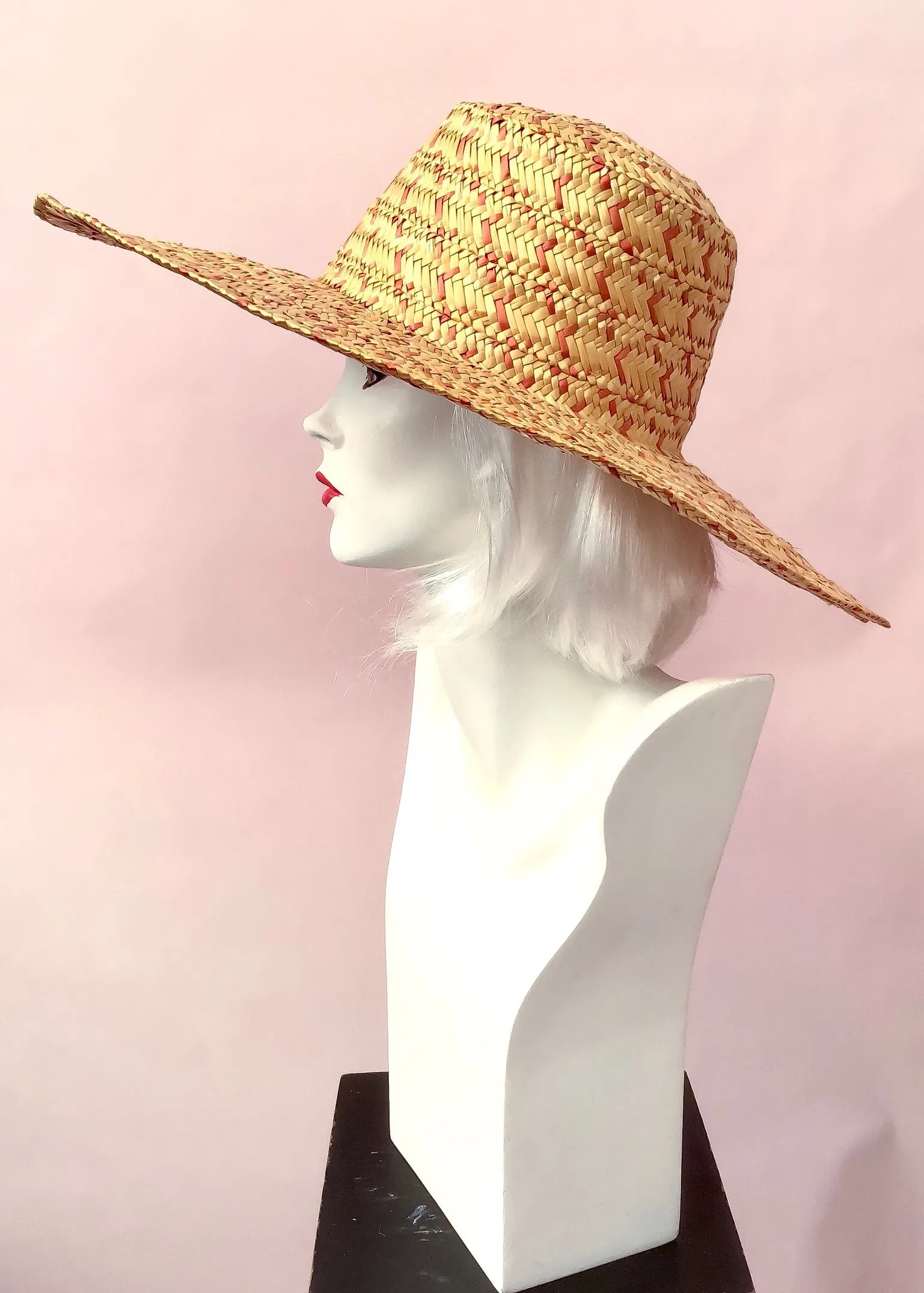 Vintage Wide Brim Woven Red & Natural Straw Hat • Sun Hat