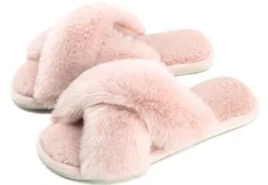 Womens Cross Band Slippers Cozy Furry Fuzzy House Slippers Open Toe Fluffy Indoor Shoes Outdoor Slip on Warm Breathable Anti-skid Sole Pink 7-8 M