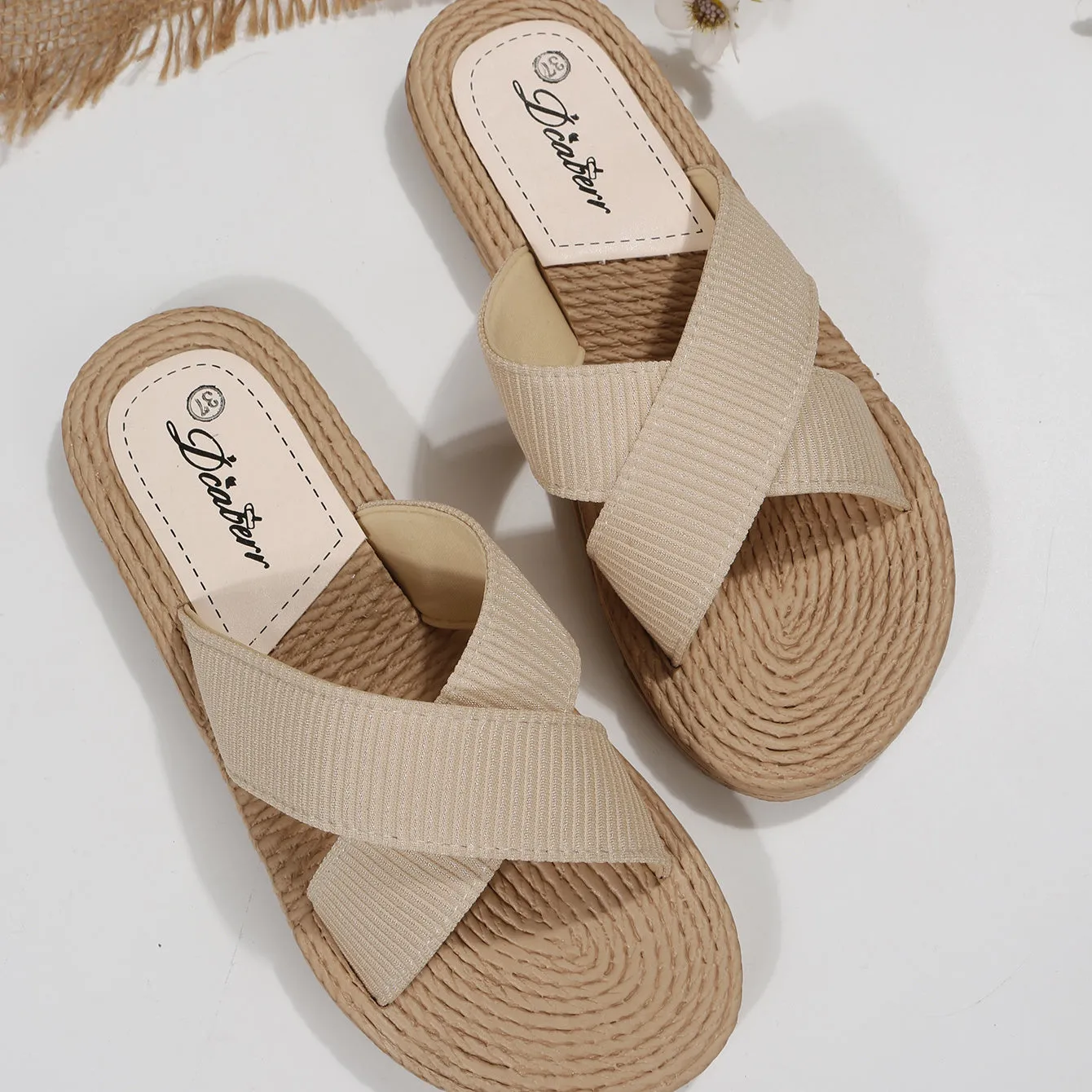 Women's Cross Strap Flat Outdoor Espadrille Sole Beach Slide Sandals Solid Color Flat Shoes