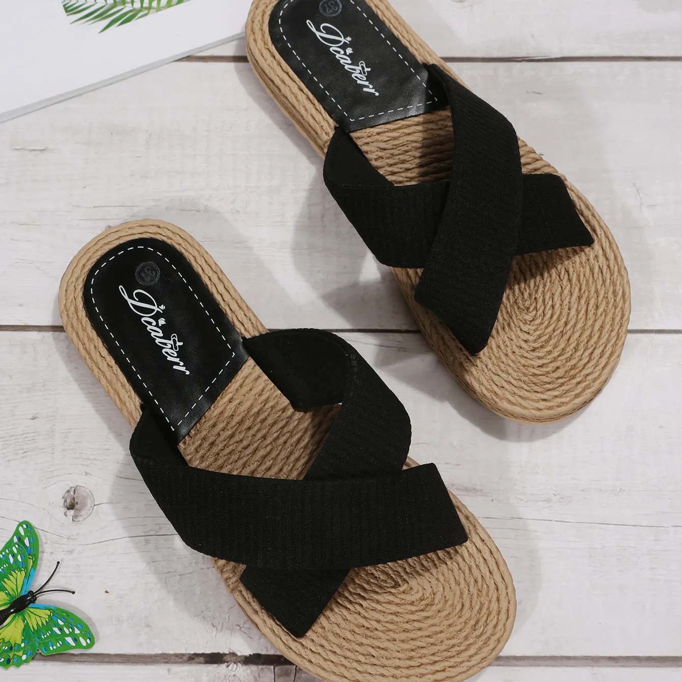 Women's Cross Strap Flat Outdoor Espadrille Sole Beach Slide Sandals Solid Color Flat Shoes