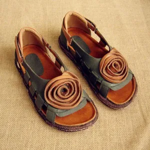 Women's Leather Hollow Sandals Flat with Handmade Flower