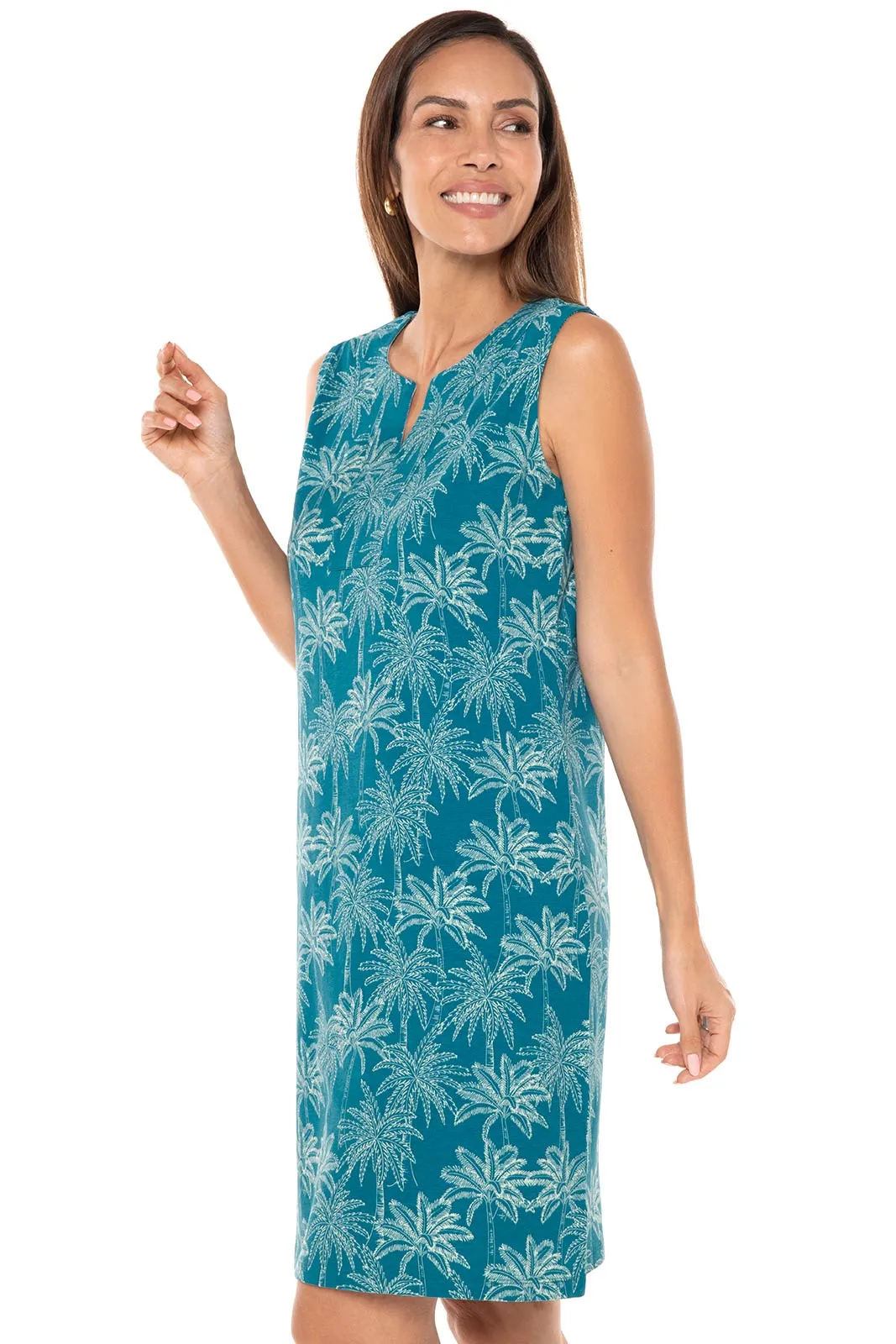 Women's Oceanside Tank Dress  |  Tahitian Teal Swaying Palms